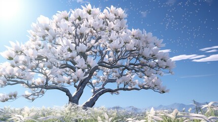 A Moonstone Magnolia tree with its beautiful white blossoms against a clear blue sky.