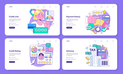 Credit card web banner or landing page set. Bank-offered financing of purchases. Individual and business credit card. Credit arrangements and rating. Flat vector illustration