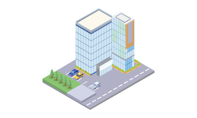 Isometric modern business center with parking and cars. Commercial office building isolated.on white background.3D design.isometric vector design Illustration.