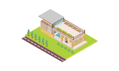 Isometric Contemporary house with solar panels, terrace.on white background.3D design.isometric vector design Illustration.