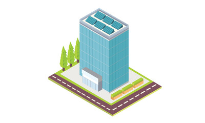 Isometric Office isometric Work Station Glass Building with solar panels.on white background.3D design.isometric vector design Illustration.