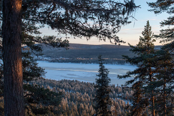 Winter landscape of the town of Jukkasjarvi, Sweden. Situated in the north of Sweden in Kiruna municipality.