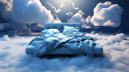 illustration of a bedroom with a white cloud-patterned ceiling. Sweet dreams, sleep and dream concept.