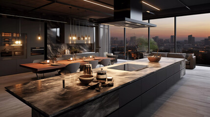luxury kitchen of a penthouse - obrazy, fototapety, plakaty