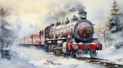 Obraz premium Steam train chugging through a snow-covered landscape, reminiscent of festive holiday journeys.