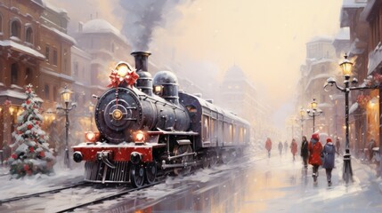  Vintage train steaming through a snowy town, carrying the joy of the festive season.