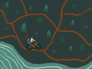 Man cycling with child and balloon in forest