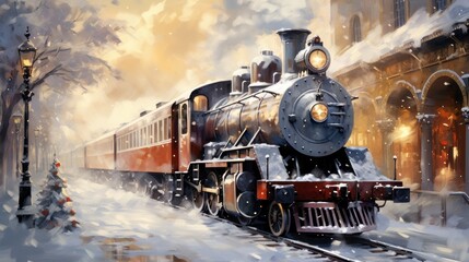 Vintage train chugging through snow-covered town with festive mood.