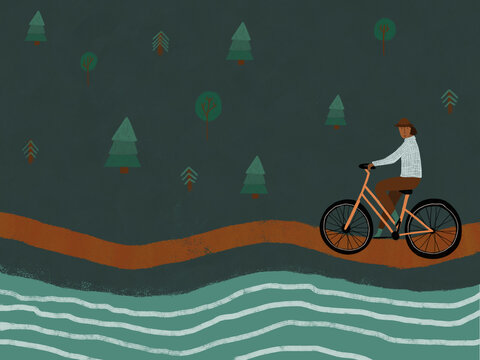 Illustration of man Cycling in Forest near river