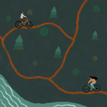 Illustration of Cyclists in Forested Path