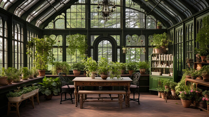 Fototapeta na wymiar An airy greenhouse filled with lush green plants, botanical illustrations, and a wrought-iron bench