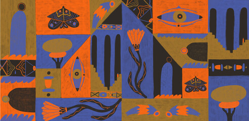 Traditional Neo Primitive Drawing With Various Natural Elements