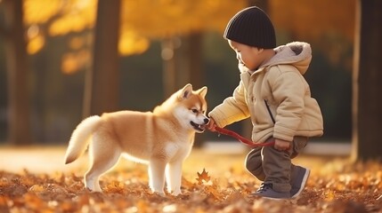 Two best friends - a boy and his dog are playing