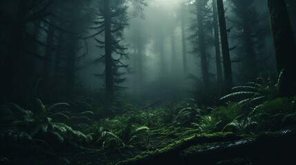 A mysterious forest shrouded in fog, where the Celestial Cinnamon Ferns emerge like otherworldly sentinels. - obrazy, fototapety, plakaty