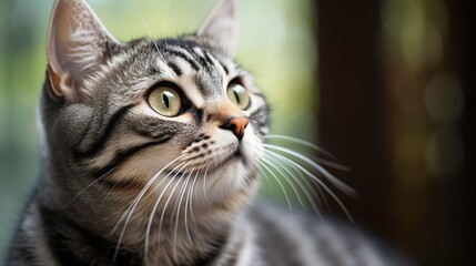 Naklejka na ściany i meble Portrait of a beautiful gray striped cat close up 