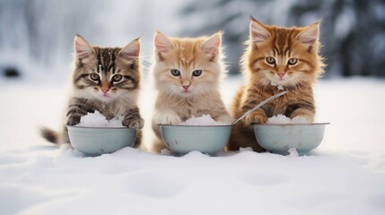 Three cats eating from bowls in snow 