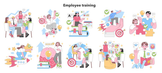 Employee Training set. Diverse teams collaborate and learn. Brainstorming sessions, rocketing aspirations, puzzle solutions. Skill enhancement, success goals. Flat vector illustration