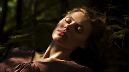 woman eyes closed dreaming in the forest