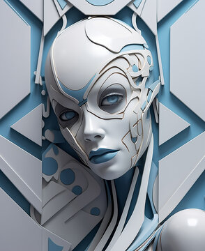 Futuristic sculptural panel of a beautiful young woman. Expressive facial features. Blue eyes. Complex geometric shapes. Light gray tones. Close-up. Copy space.