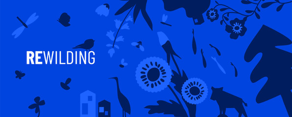Re-wilding vector illustration. Monotone banner with oversized wildflowers, boar, fish and insects. Biotic diversity conservation. Restoring nature's balance.