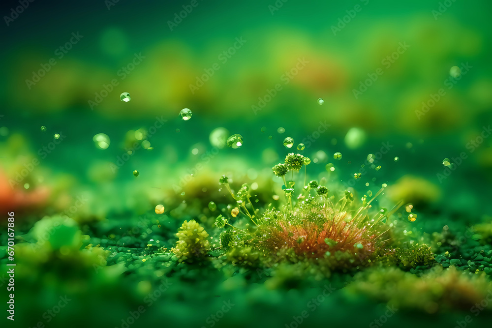 Poster macro close-up of green microparticles with blurred background