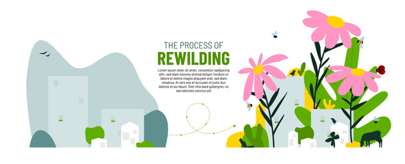 Rewilding the city illustration concept. Transforming urban landscapes into nature friendly environments. Nature-based solution to climate change problem. Promoting biodiversity. Renewing nature