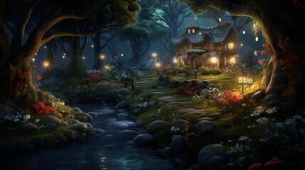 A mystical Midnight Marigold garden nestled in the heart of a moonlit forest. Craft an image with...