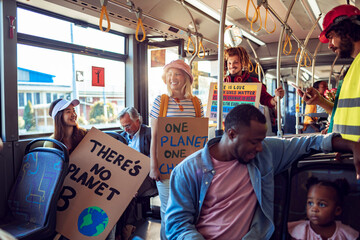 Activists and commuters sharing a bus ride