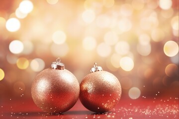 Holiday Gold: Abstract Christmas Background with Bokeh Snowflakes and Red Balls.