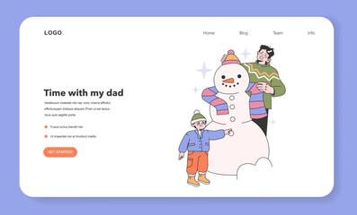 Father and son building and decorating a snowman on winter holiday web banner or landing page. Man and little boy spending time outside. Happy loving family. Flat vector illustration.