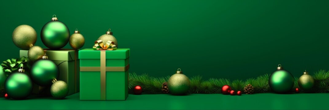 Green Background Christmas Decoration. Beautiful 3D Rendering of Christmas Decorations with Gift Box on Green Background
