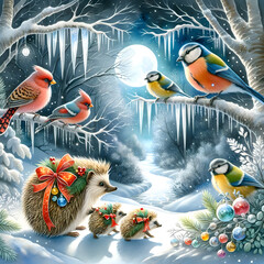 New Year card with hedgehogs and birds in soft colors