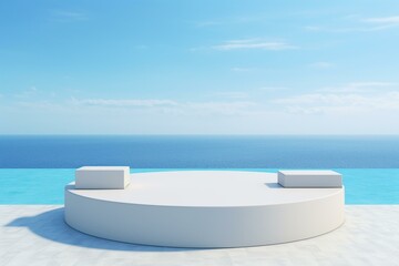 Fototapeta na wymiar 3D rendered product podium against blue sea and sky background. Generative AI