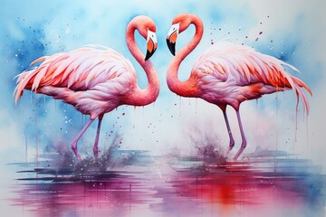 Abstract watercolor of two flamingos with splashing water. Generative AI