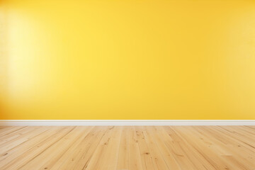 Empty unfurnished room with daylight, yellow wall and wooden floor. Mock up interior. Empty, copy space for your furniture, picture, decoration and other objects. - obrazy, fototapety, plakaty