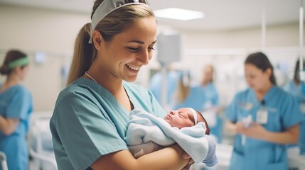 Maternity nurse holding a newborn baby wrapped in a blanket - obrazy, fototapety, plakaty