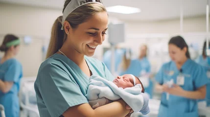 Poster Maternity nurse holding a newborn baby wrapped in a blanket © Doni_Art