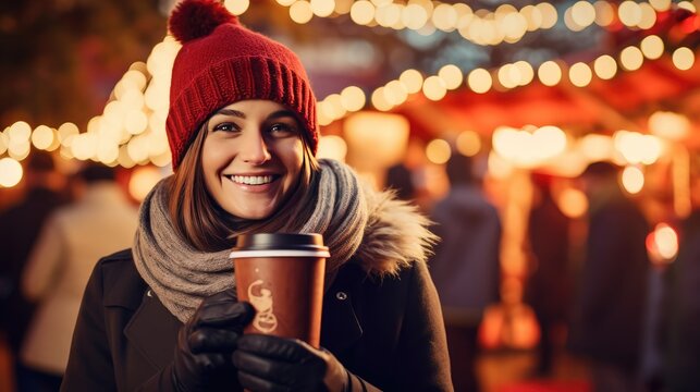 essence of the holiday season with an image of a happy teenage girl sipping mulled wine in a bustling Christmas market, surrounded by the warm glow of festive lights.