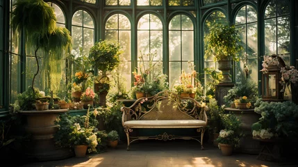 Fotobehang An airy greenhouse filled with lush green plants, botanical illustrations, and a wrought-iron bench © Milan