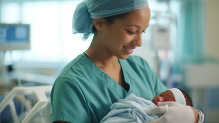 Maternity nurse holding a newborn baby wrapped in a blanket