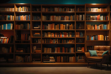 night library, shelf full of books at night with warm light, cozy book background - obrazy, fototapety, plakaty