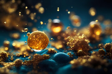 macro photography of yellow golden microparticle systems, nanoparticles scientific background