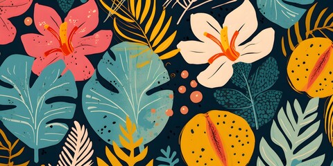 Collage contemporary floral seamless pattern. Modern exotic jungle fruits and plants illustration in vector..
 - obrazy, fototapety, plakaty