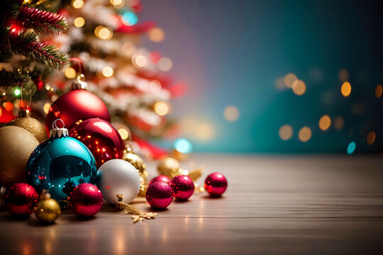 trendy new year christmas background with most defocused blurred space for text or advertising and new year balls and christmas tree decorations on the side