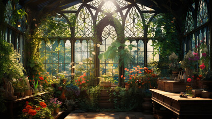 Obraz premium An airy greenhouse filled with lush green plants, botanical illustrations, and a wrought-iron bench