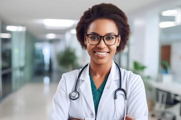 African doctor woman in hospital corridor smiling