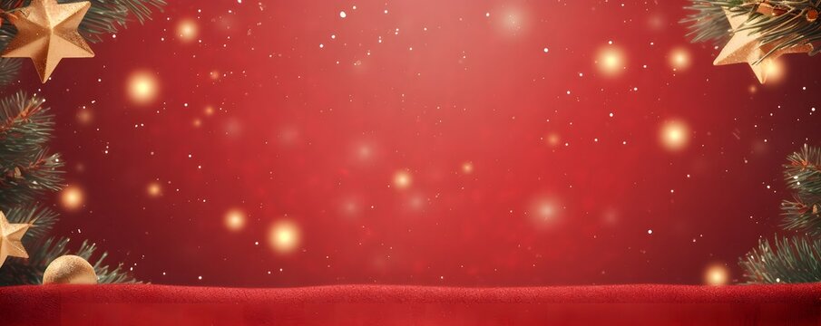Christmas background with xmas tree and sparkle bokeh lights on red canvas background. Merry christmas card. Winter holiday theme. Happy New Year. Space for text .
