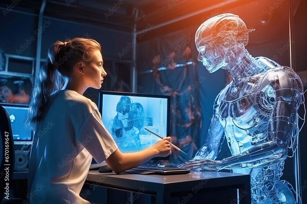 Poster a female programmer discusses project details with a humanoid robot.