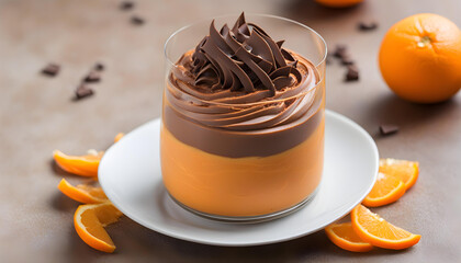  orange chocolate mousse with decorative orange and chocolate chunks strands.