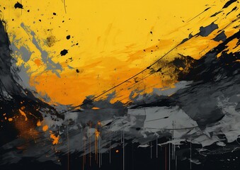 Wall poster print template. Abstract painting art. Paint background texture. Oil painting style. Grunge background black and yellow, in the style of fluid and dynamic lines